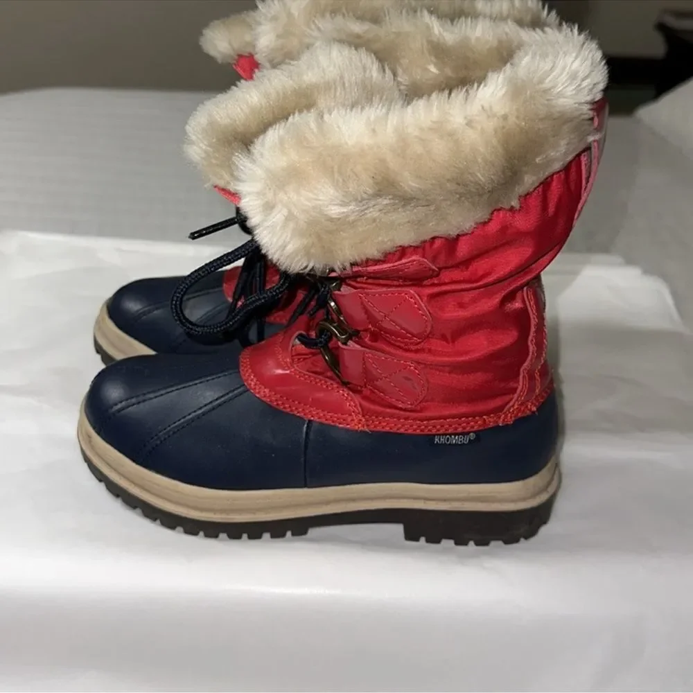 KHOMBU TESS 6 Navy Red Ivory Shearing Interior Lace Front Winter Boots
